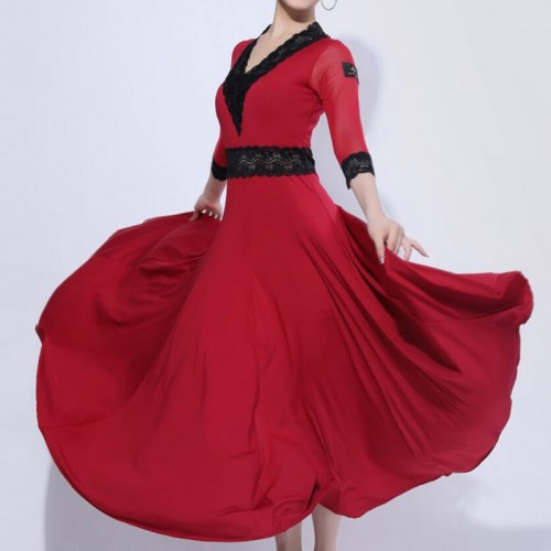 Women's wine colored ballroom dancing dresses black waltz tango dancing dresses